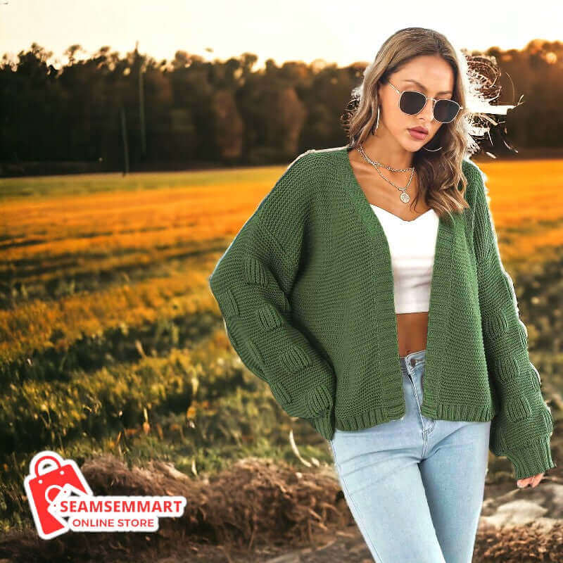 Chunky Knit Puff Sleeve Cardigan Sweater for Women