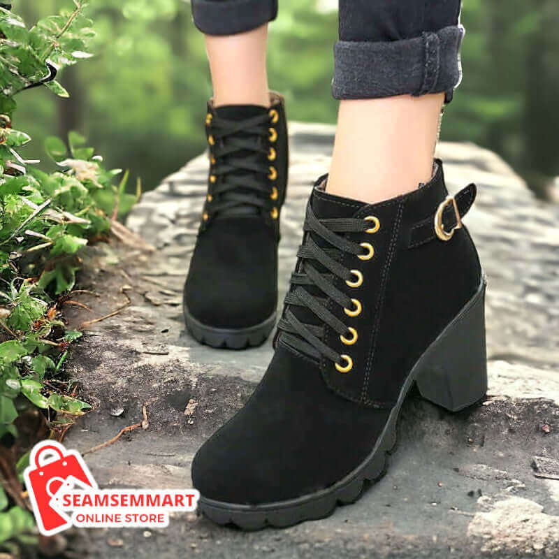 Chunky Heel Ankle Boots with Buckle for Women