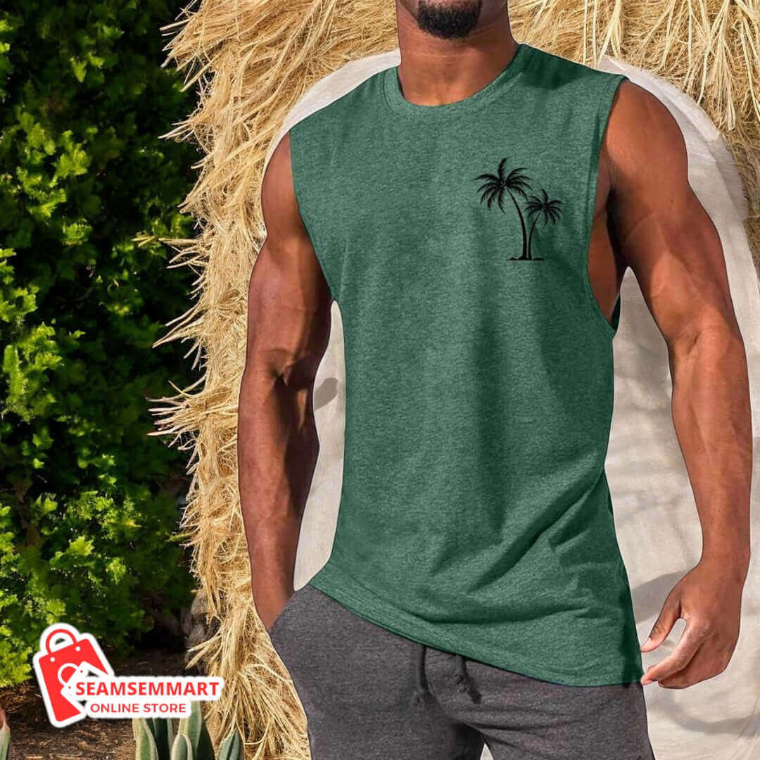 Men's Coconut Tree Embroidered Beach Tank Top