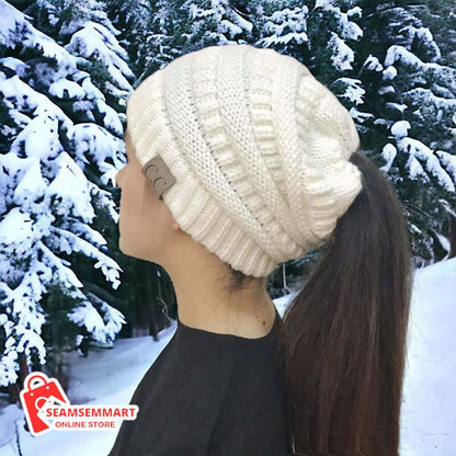 Chunky Cable Knit High Bun Ponytail Beanie Hat 
