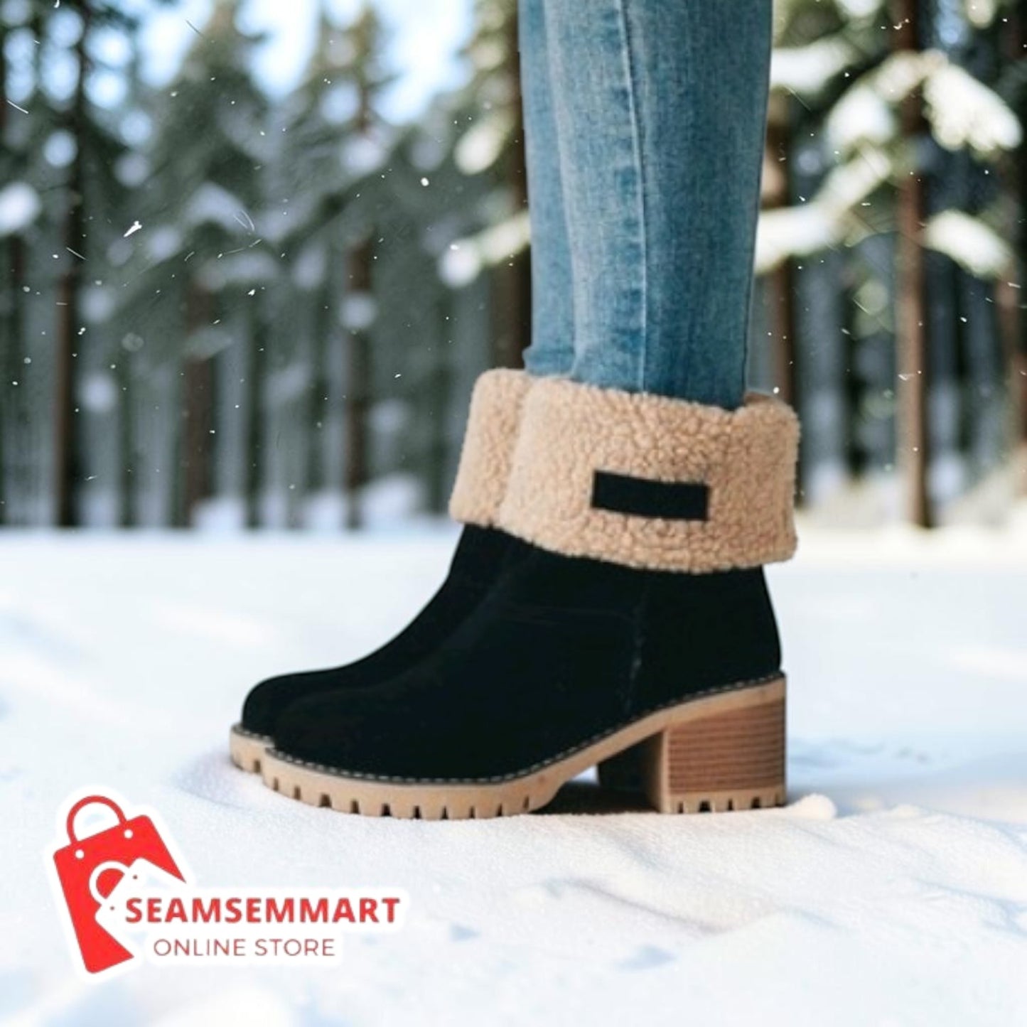 Women's Suede Snow Boots – Mid-Calf Thick Heel Winter Boots