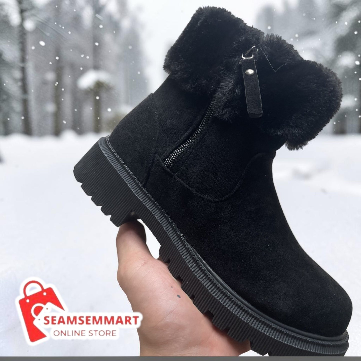 Women's Winter Side Zip Boots – Warm Plush Low Heel Boots