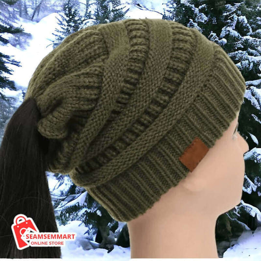 Chunky Cable Knit High Bun Ponytail Beanie Hat 