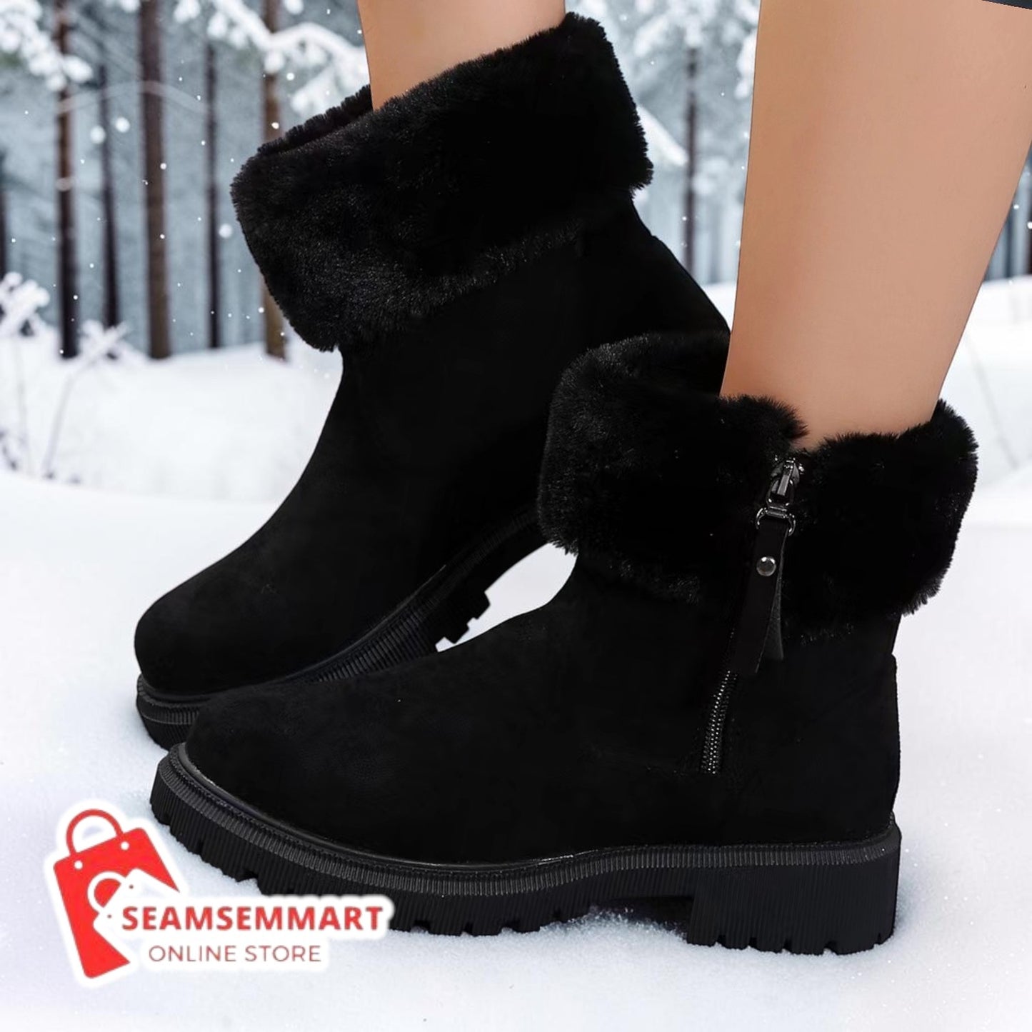 Women's Winter Side Zip Boots – Warm Plush Low Heel Boots