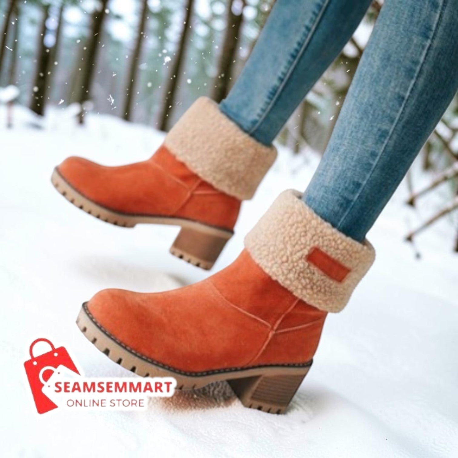 Women's Suede Snow Boots – Mid-Calf Thick Heel Winter Boots