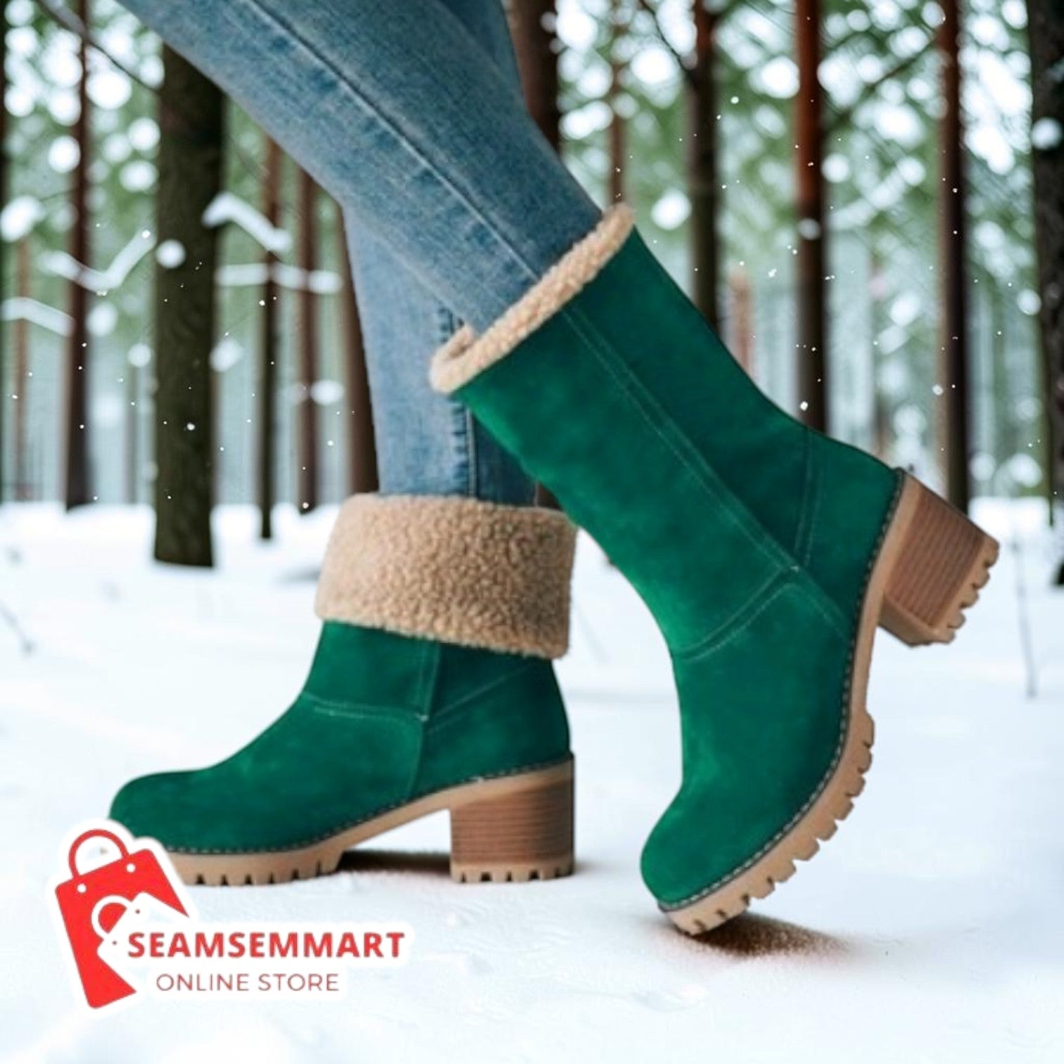 Women's Suede Snow Boots – Mid-Calf Thick Heel Winter Boots