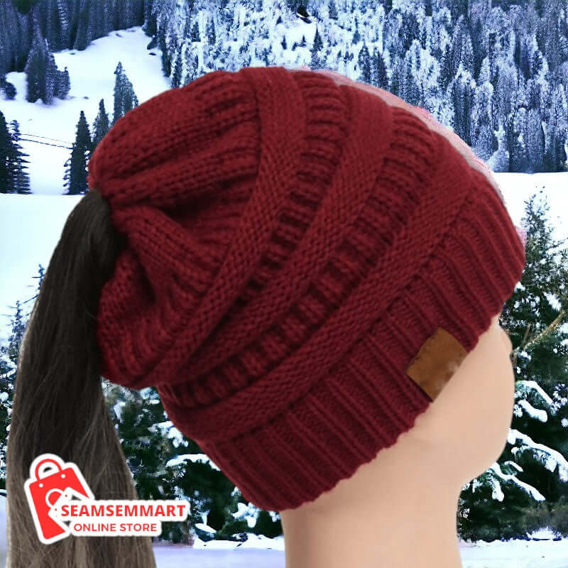 Chunky Cable Knit High Bun Ponytail Beanie Hat 