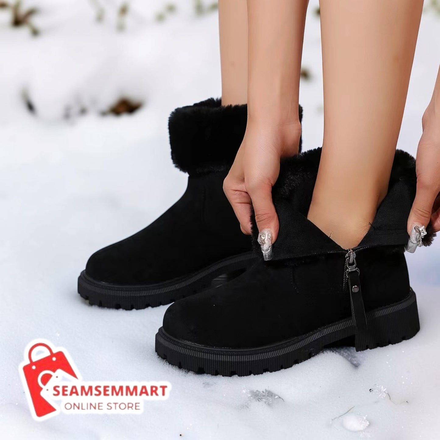 Women's Winter Side Zip Boots – Warm Plush Low Heel Boots