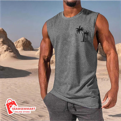 Men's Coconut Tree Embroidered Beach Tank Top