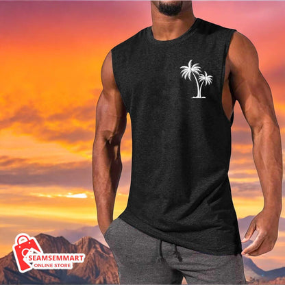 Men's Coconut Tree Embroidered Beach Tank Top