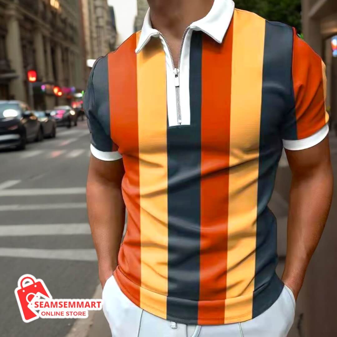 Men's Striped Polo Shirt - Short Sleeve Lapel Tee