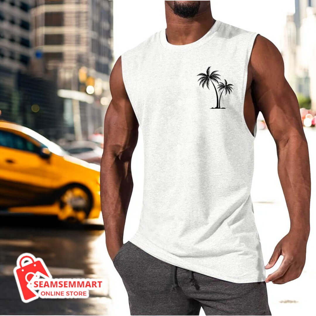 Men's Coconut Tree Embroidered Beach Tank Top