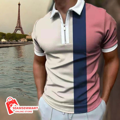 Men's Striped Polo Shirt - Short Sleeve Lapel Tee