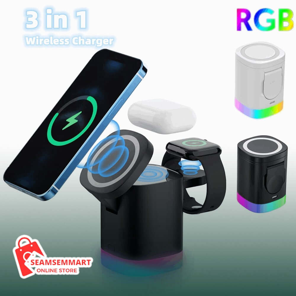 3-in-1 Magnetic Wireless Fast Charger with RGB Ambient Light