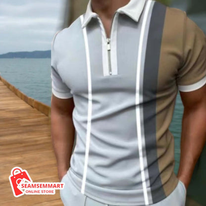 Men's Striped Polo Shirt - Short Sleeve Lapel Tee