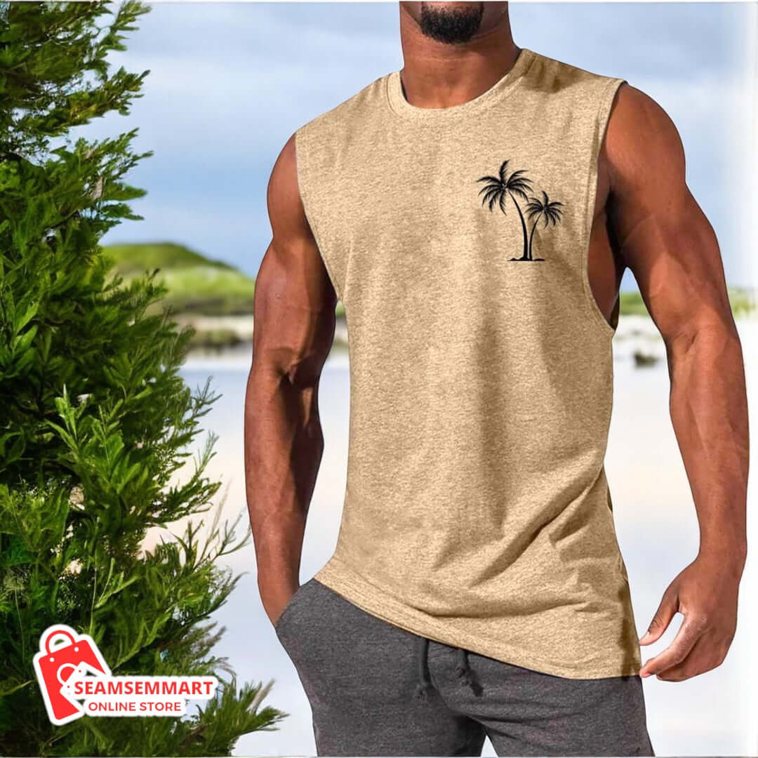 Men's Coconut Tree Embroidered Beach Tank Top