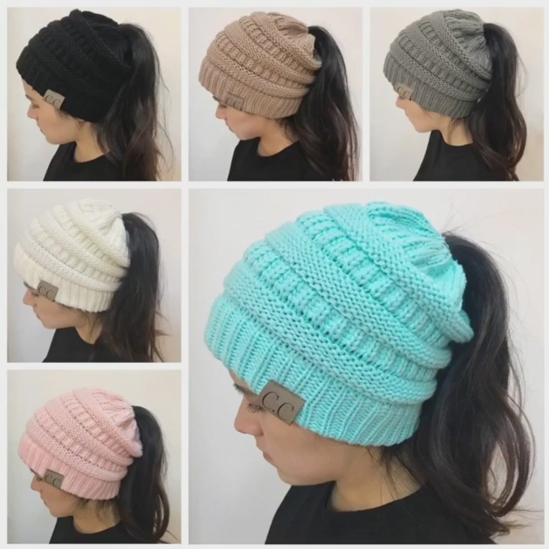 Chunky Cable Knit High Bun Ponytail Beanie Hat